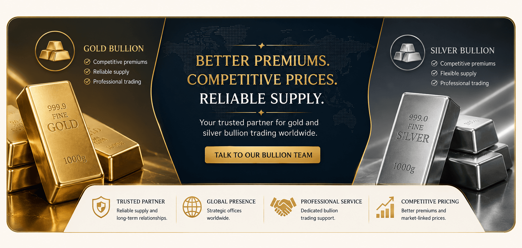 Gold and silver bullion — better premiums, competitive prices, reliable supply. Your trusted partner for gold and silver bullion trading worldwide.