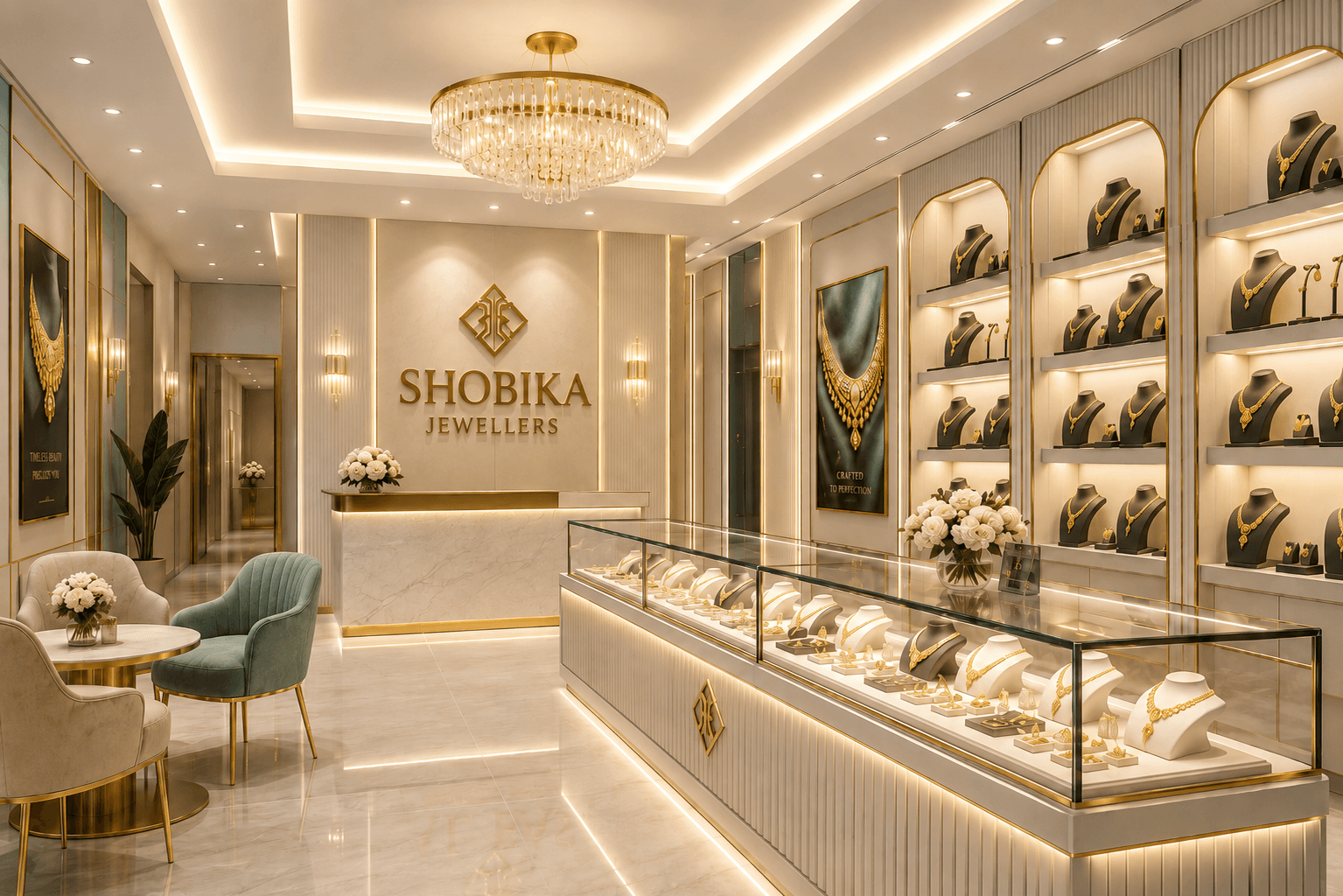 Shobika Jewellers retail showroom with an illuminated logo wall and glass display cases of gold jewellery