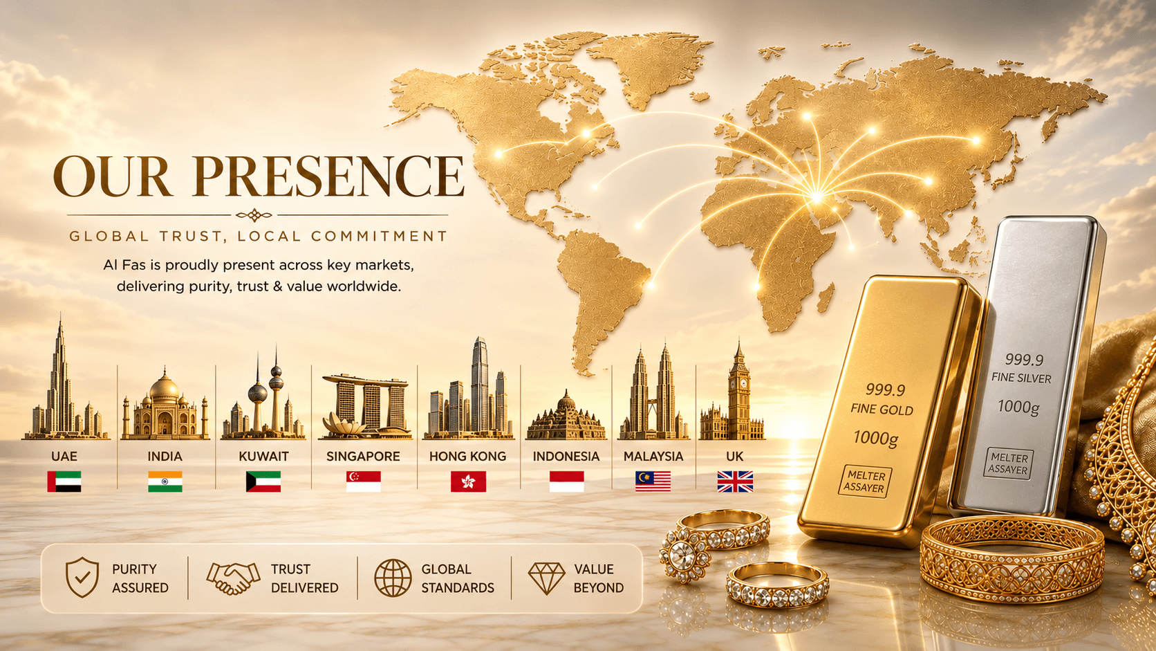 AL FAS Our Presence — global trust, local commitment. AL FAS is proudly present across key markets, delivering purity, trust and value worldwide — UAE, India, Kuwait, Singapore, Hong Kong, Indonesia, Malaysia, and the UK.