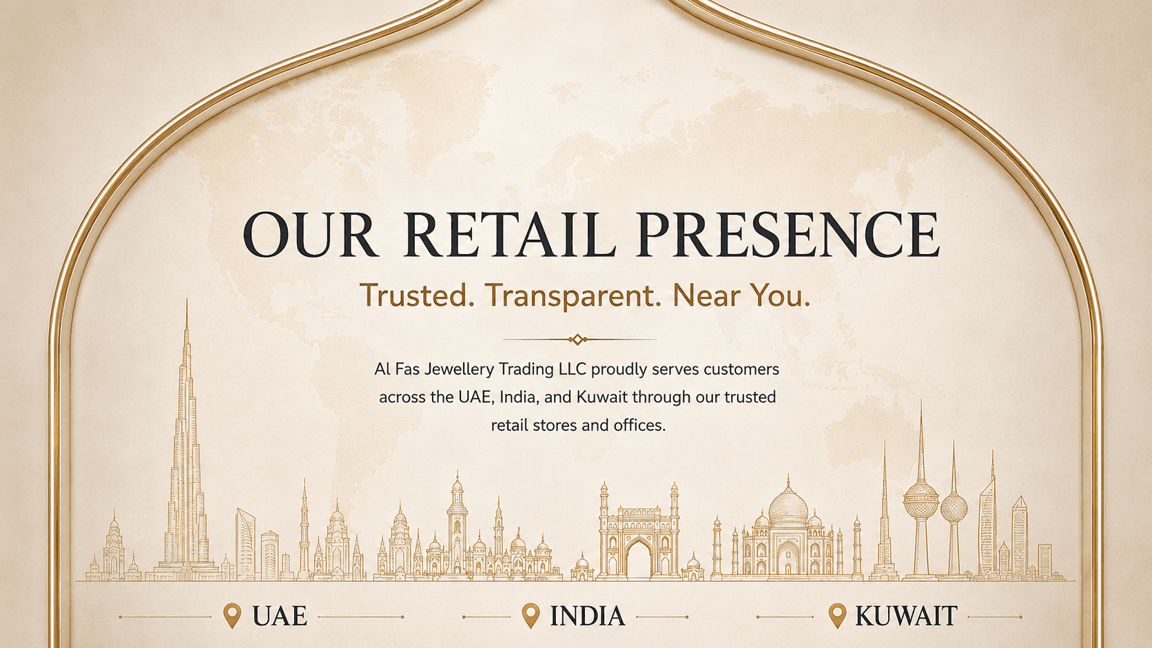 Our Retail Presence — Trusted. Transparent. Near You. AL FAS Jewellery Trading LLC proudly serves customers across the UAE, India, and Kuwait through our trusted retail stores and offices.
