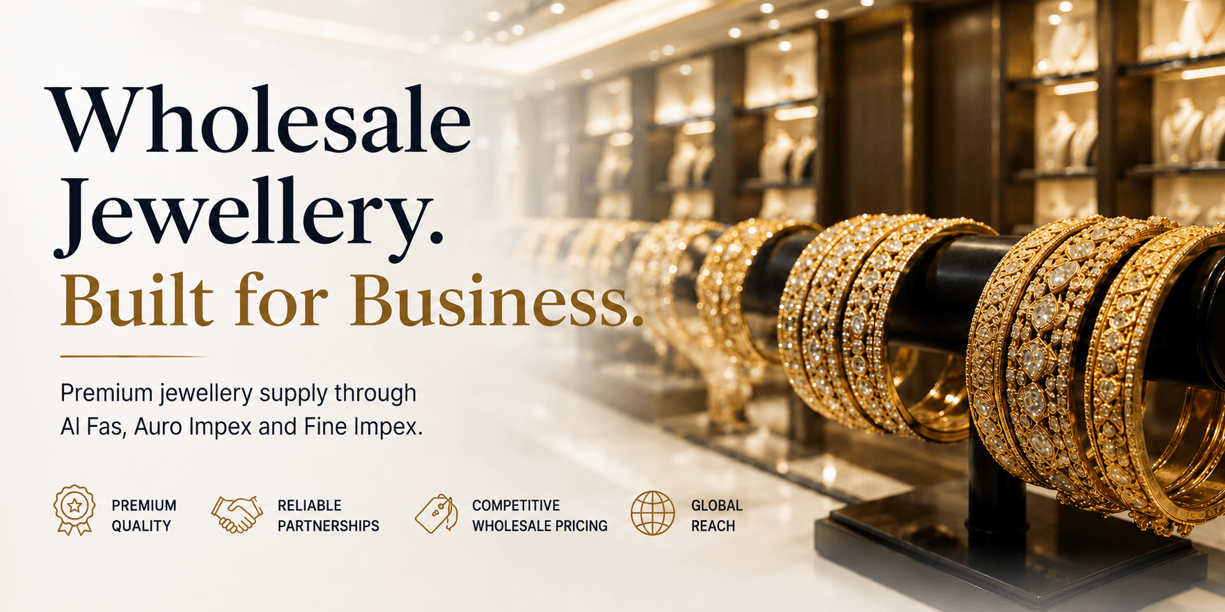Wholesale Jewellery. Built for Business. Premium jewellery supply through Al Fas, Auro Impex and Fine Impex — premium quality, reliable partnerships, competitive wholesale pricing, global reach.